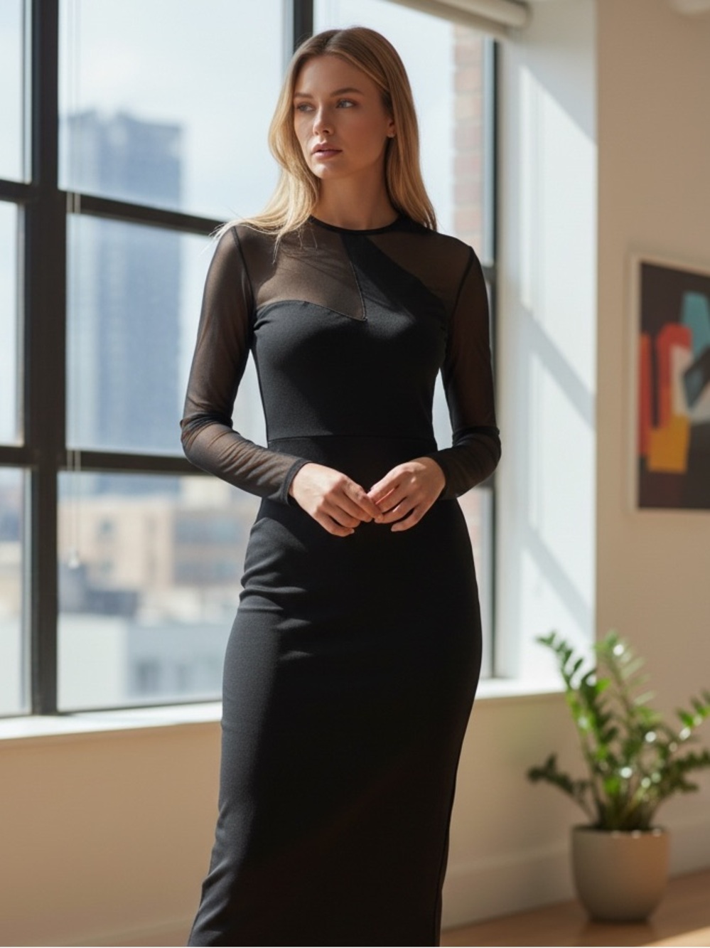90s STYLEWORKS BLACK ILLUSION SLEEVES & CHEST ASYMMETRIC DETAIL MIDI DRESS SZ 12